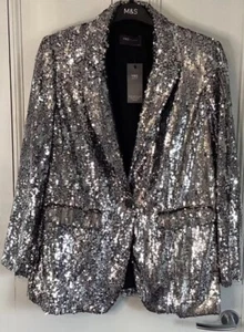 MARKS AND SPENCER TAILORED SEQUIN SINGLE BREASTED BLAZER SILVER SIZE 18 BNWT - Picture 1 of 8