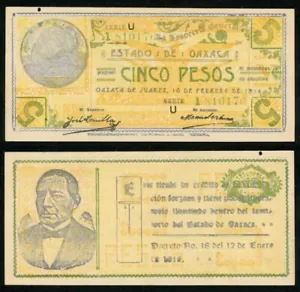 1916 Oaxaca State Mexico Series U Five Peso Banknote P# S954 Crisp Uncirculated - Picture 1 of 3
