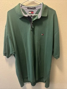 Tommy Hilfiger Rugby Polo Shirt Green XL Y2K Flag Logo Chambray Collar Malaysia - Picture 1 of 11