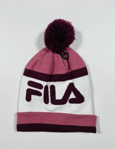 FILA Hat Beanie Fitted Mens One Size Pink White Burgundy Pom Knit Cuffed Winter - Picture 1 of 5