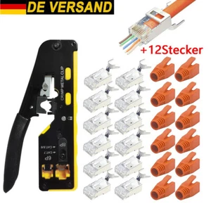 RJ45 Crimpzange + 12 Cat7 Stecker Set Netzwerk Werkzeug Lan Kabel Zange Cat 7 /6 - Afbeelding 1 van 7