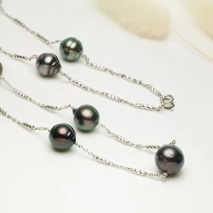 Handmade!Sterling Silver Black Tahitian Saltwater Pearl Tin-cup Necklace,18'' - Picture 1 of 4