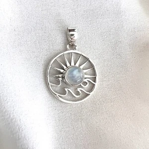 925 Sterling Silver Natural Moonstone Sun and Waves Pendant Sun Wave Moonstone - Picture 1 of 4