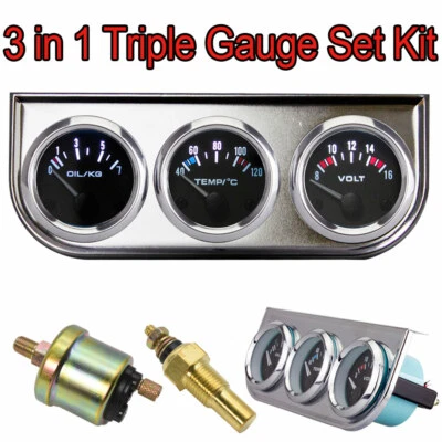 52mm 3 in Car Auto Triple Gauge Kit Water Temp + Oil pressure + Voltmeter Meter  - Image 1 of 4