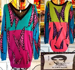 Vintage Betsey Johnson Punk Label Butterfly Mix Up Tunic Top Sweater Dress Sz L - Picture 1 of 9