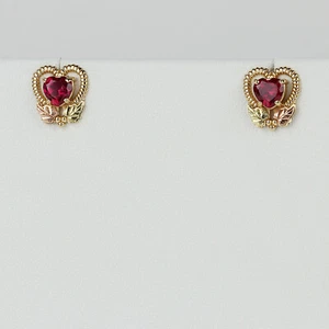 10k Yellow/Black Hills Gold, Lab-Created Ruby Women's Heart Stud Earrings - Picture 1 of 2