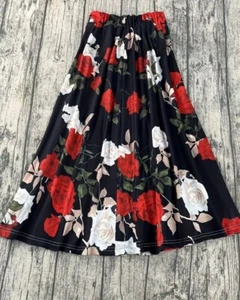 Plus Size 26 5x Stretch Floral Holiday Maxi Skirt Black Red Green Autumn Leaves - Picture 1 of 5