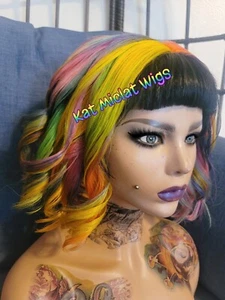 Rainbow & Black Inverted Bob Haircut Remy Human Hair Wig With Bangs Hand-made 🌈 - Picture 1 of 9