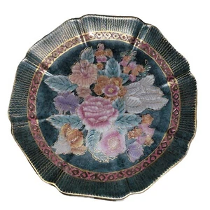 Chinesischer Wandteller 9" Farben: Gold/Rot/Grün/Rosa/Orange/Weiß/Lila Blumen - Bild 1 von 4