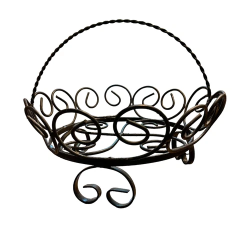Vintage Wrought Iron Ornate Scroll Design Black Metal Fruit Basket Footed Cover