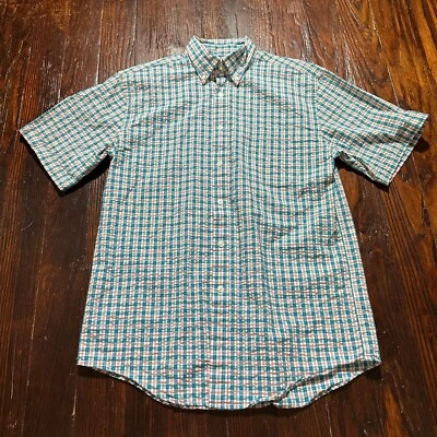 LL Bean Shirt Mens Small Blue Pink Seersucker Plaid Short Sleeve Spring Summer - Image 1 of 4