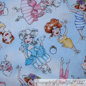 BonEful FABRIC FQ Cotton Quilt Loralie Blue White Sky Cloud Sexy Lady Pink Hair - Picture 1 of 15