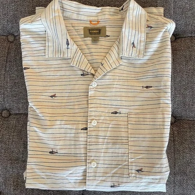 Foundry button down shirt men's 2XLT short sleeves stripes tan fishing hooks - Image 1 of 4