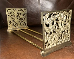 Vintage Art Nouveau Brass Adjustable Folding Book Ends Rack Desk Free Ship VG - Picture 1 of 5