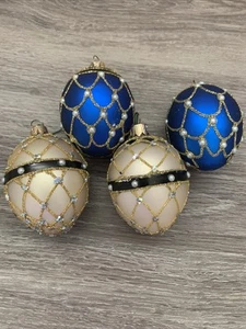(4) Blue & Gold Poland 2.5” Christmas Ornament Eggs Glitter - Picture 1 of 11