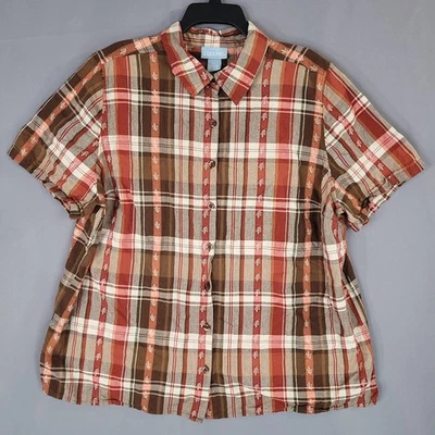 Liz&Me Women's Top 1X Red Orange Plaid Cotton Button Down - Image 1 of 4