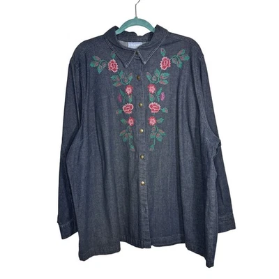 Liz & Me уголь джинсовой ткани цветочная вышивка на пуговицах длинным рукавом Топ SZ XLarge - Изображение 1 из 4