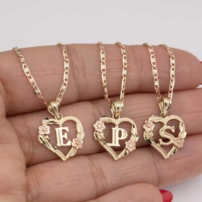 Collar Colgante Corazón Flor Inicial Letra Real Oro Rosa Amarillo 10K Foto 1 de 4