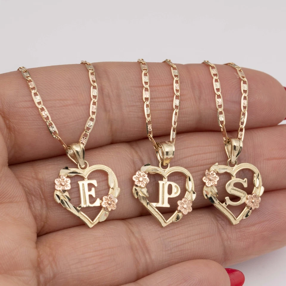 Cutout Heart Flower Initial Letter Pendant Necklace Real 10K Yellow Rose Gold - Image 1 of 4