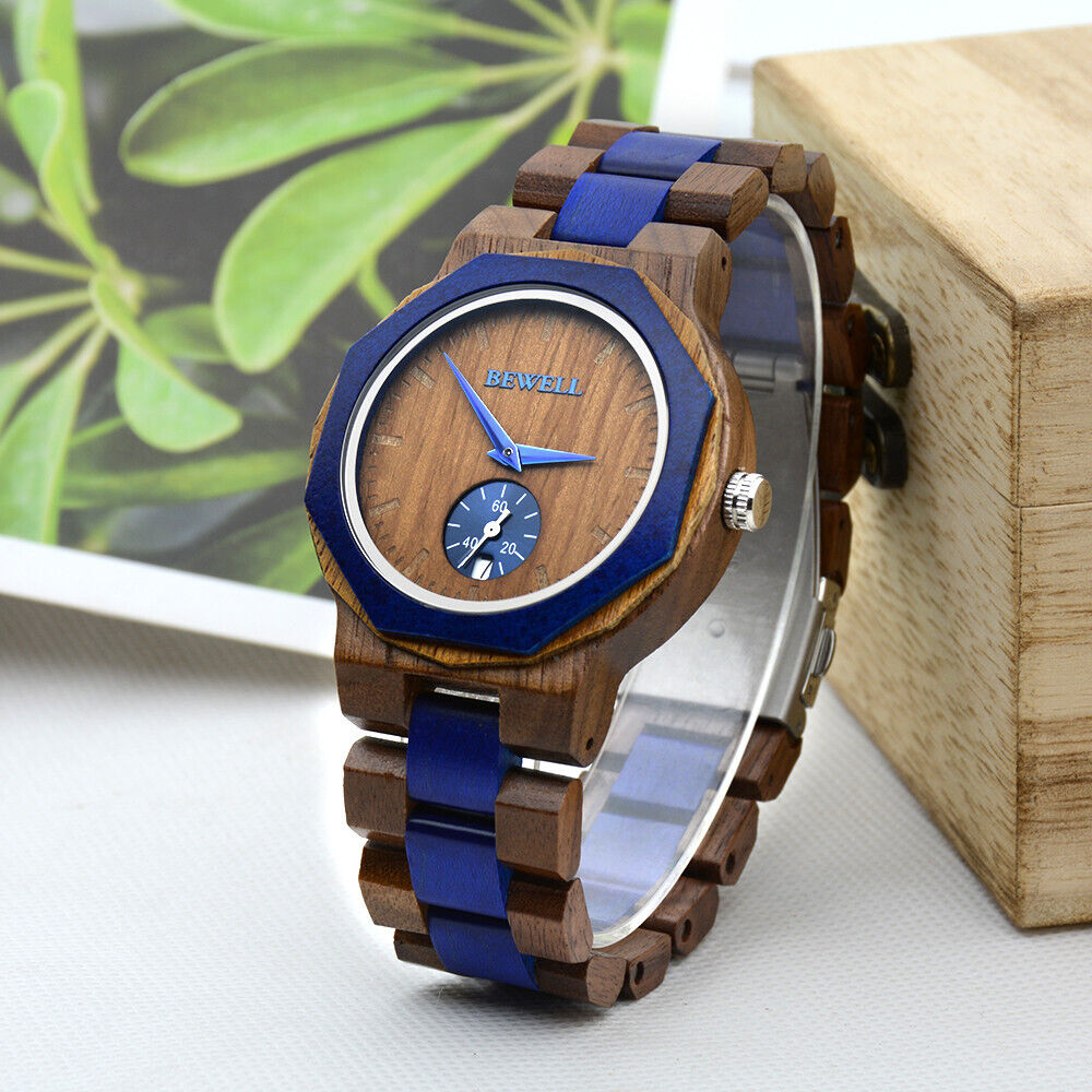Bewell Men's Natural Wood Watch Two-Tone Blue/Brown 44MM Wooden Case 30M WR