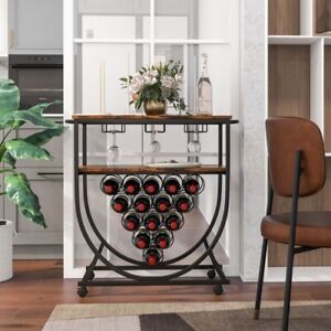 Industrial Rolling Bar Cart with Wine Rack Glass Holders and Utility Wood Tablet