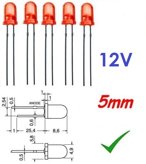 JOIN 5pz Diodo LED 12v 5mm ROSSO fascio luce diffuso con resistenza incorporata