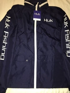 HUK Men's Breaker Navy Blue/White Full Zip Fishing Jacket Hooded Small H4000023 - Picture 1 of 11