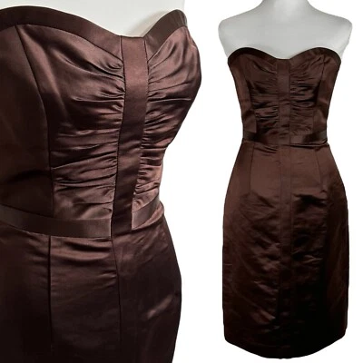 Vestido de seda sin tirantes Milly Of New York talla 2 marrón espresso acanalado cóctel Foto 1 de 4