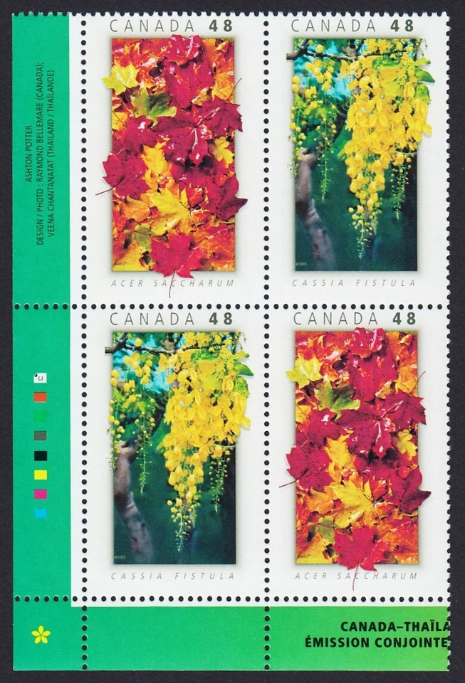 CANADA -THAILAND JOINT ISSUE = MAPLE, CASSIA = Canada 2003 #2001a MNH LL BL of 4 - Image 1 of 1