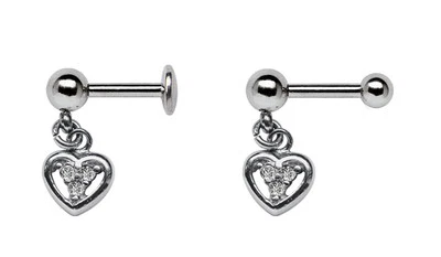 Orecchio Helix Tragus Cartilagine Lobo Spina Acciaio con Cuore Pendente + Pietre - Immagine 1 di 2