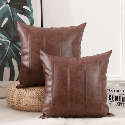 Set of 2 Faux Leather Stripe Decorative Throw Pillow Covers Modern Solid Outd... - Image 1 of 4