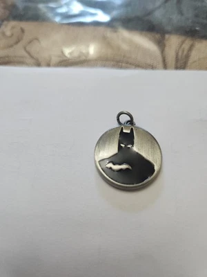 Vintage Batman Necklace  Silver Tone Shiny Metal Disc Charm Pendantt  - Image 1 of 3