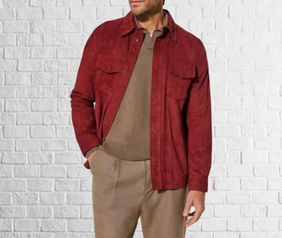 Men’s Red Suede Button Leather Biker Collared Jacket with Pockets - Image 1 of 4