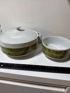Mikasa Bowl Lid Top Pair Serving Accent Contour Fine China Green Line 1960s - Picture 1 of 11