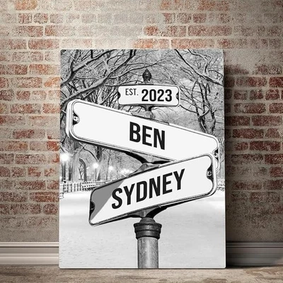 Personalized Snow Road Street Sign Wedding Gift Engagement Gift Cross Road Sign - Image 1 of 4