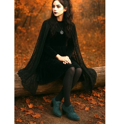 Mujer Bruja 6.5 Talla 37 Cuero Verde Jade Oscuro Encaje Oxfords Tacón Bajo Victoriano  Foto 1 de 4