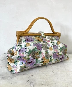 Vintage Fabric Handbag Bamboo Hoop Handles Floral Pattern Market Shopper Beach - Picture 1 of 8