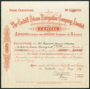 Wales: Cardiff Steam Navigation Co. Ltd., £1 Aktie, 1919 - Bild 1 von 1
