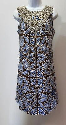 Vestido Tory Burch Sandrine Seda Con Cuentas Escote Joyas Sin Mangas Marrón Azul 8 Foto 1 de 4