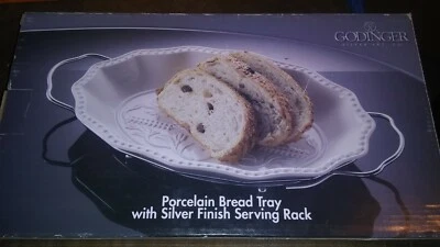 GODINGER Porcelain Bread Tray With Silver Finish Serving Rack NIB BLESS THIS HOU - Image 1 of 4