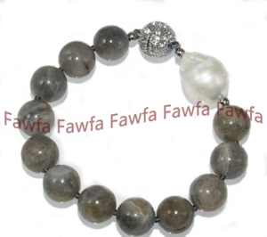 Riesiges 14 mm graues Labradorit Edelsteine Perlen & weißes Keshi Barock Perle Armband 7,5 Zoll - Bild 1 von 6