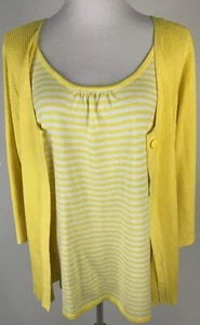 NWT Denim & Co Striped Cardigan Sweater Womens Sz L Yellow Rib Knit Faux TwinSet - Picture 1 of 9