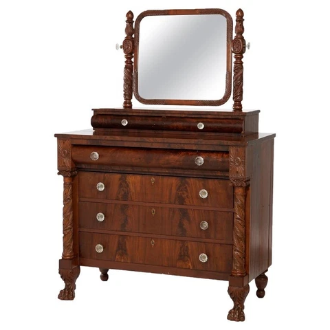 Antique American Empire Carved Flame Mahogany Dresser with Mirror, Circa 1840 Cover