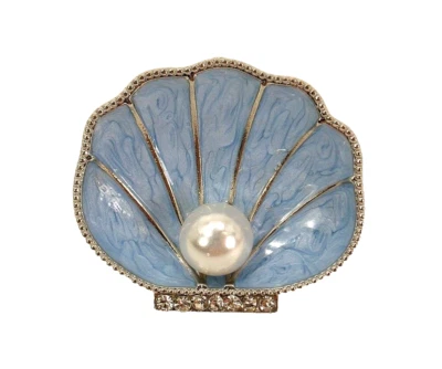 Pretty blue sea shell pin brooch with white pearl and clear crystals.  New - Image 1 of 4