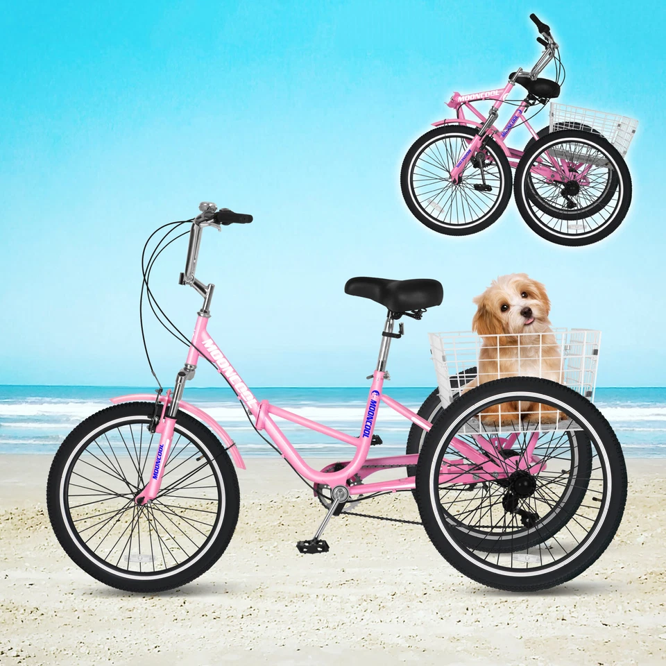 MOONCOOL Adults Folding Tricycle 24" 3 Wheel 7 Speed Trike Bicycle Bike W/Basket - Image 1 of 4