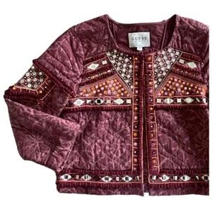 GUESS Liberty Embroidered Quilted Jacket Quilted Boho Burgundy Liberty 3/4 Small - Picture 1 of 14