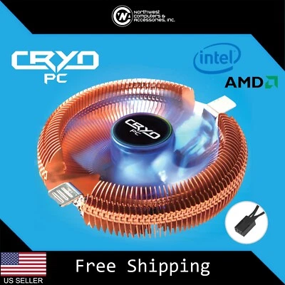 Cryo-PC Low-Profile Copper CPU Cooler Heatsink with Blue 90mm Fan for AMD Intel - Image 1 of 4