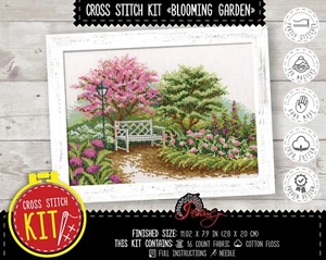 Spring garden landscape embroidery kit Cherry tree blossom counted cross stitch - Picture 1 of 8