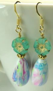 Vintage German Multicolor Teardrop Dangle/Drop Czech Flower Earrings Handmade - Picture 1 of 2