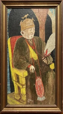 Винтаж 1975 картина маслом йоруба? Король Оба эфиопский африканский монах священник с автографом - Изображение 1 из 4